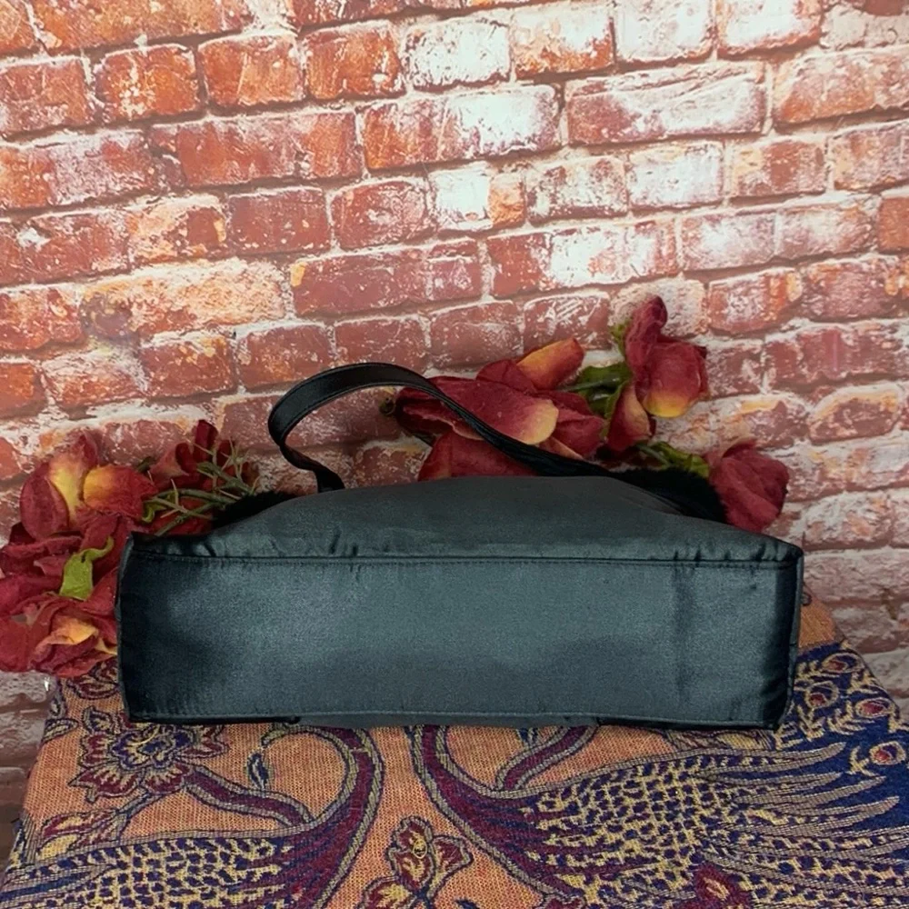 Satin Black Faux Fur Trimmed Retro Rhinestone bow Accented Clutch